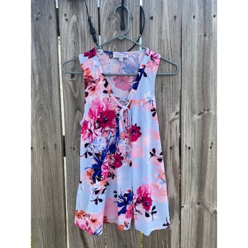 Jennifer Lopez Floral Lace Up V-Neck Sleeveless Tank Top‎ Blue Pink Small